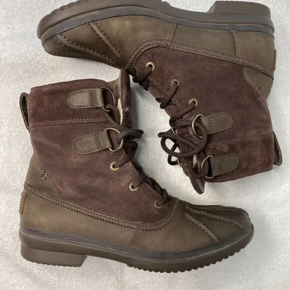 UGG Azaria Boots Women 6.5 Brown Suede Leather Waterproof Shearling Lined Casual - Picture 5 of 11